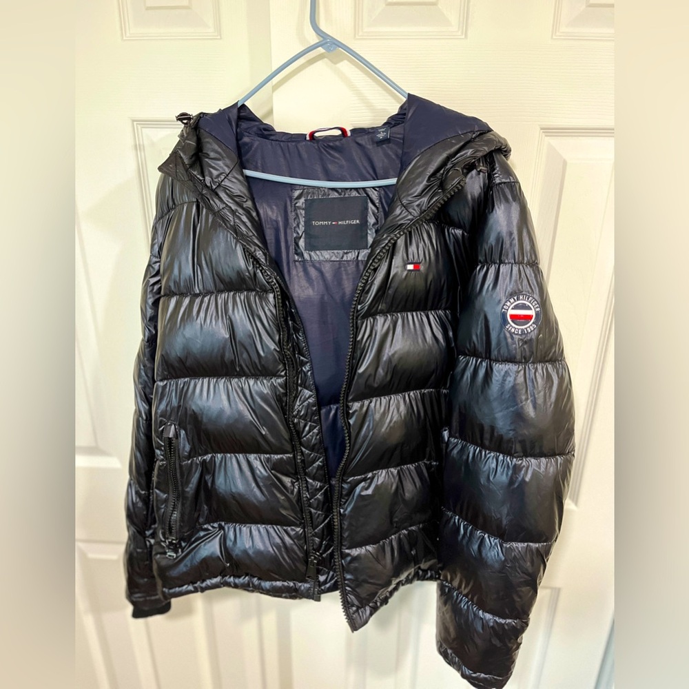 Large Tommy Hilfiger Black Puffer Jacket with several brand/logo placements